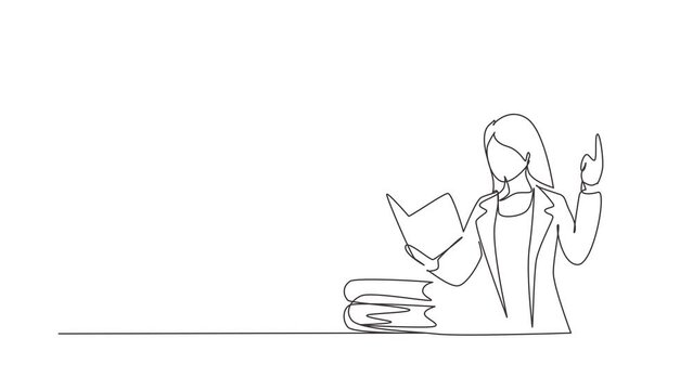 Animated self drawing of continuous line draw teacher standing in front of class with book on her hands, pile of books on table. Female teacher teach in classroom. Full length single line animation
