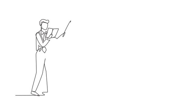 Self drawing animation of single line draw man teacher standing with open book, pointer in front of classroom teaching lesson. Professor is giving lecture. Continuous line draw. Full length animated