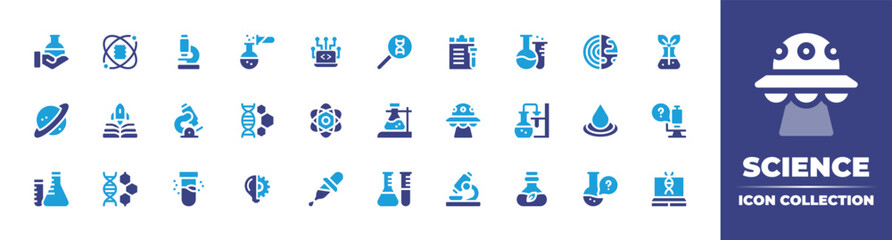 Science icon collection. Duotone color. Vector illustration. Containing flask, data science, microscope, chemical reaction, computer science, forensic science, document, flasks, core, and more.