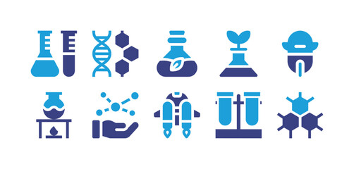 Science icon set. Duotone color. Vector illustration. Containing research, adn, flask, science, robot, experiment, hand, jetpack, test tube, structure.