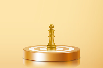 3d gold King chess figure on center of golden dartboard. bullseye in target. Business investment goal, idea challenge, objective strategy, year focus concept illustration