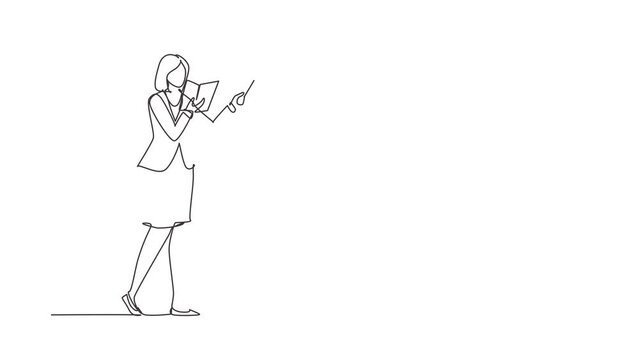 Self drawing animation of single line draw woman teacher standing with open book, pointer in front of classroom teaching lesson. Professor is giving lecture. Continuous line draw. Full length animated
