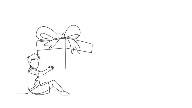 Animated self drawing of continuous line draw boy sitting hugging gift box with ribbon bow wrapped in front of his in arms. Children accept birthday gift or present. Full length single line animation