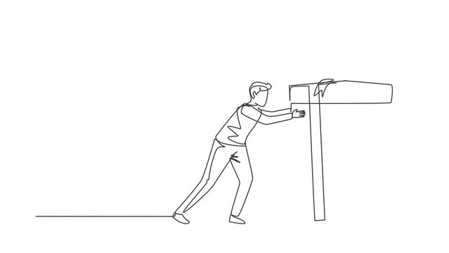 Animated self drawing of continuous line draw man pushes in front of him huge gift. Giving gifts for holiday. Wrapped birthday gift box with bow. Present, birthday. Full length one line animation