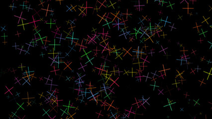 Rotating multicolored pixel crosses on black background. Mother Day, Father Day, Valentine Day, wedding, Christmas, Birthday festive background. 3D render