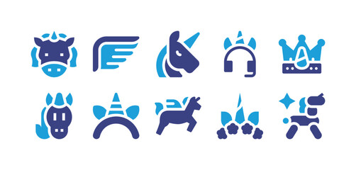 Unicorn icon set. Duotone color. Vector illustration. Containing unicorn, wings, headset, crown, headband, flower crown, balloon.