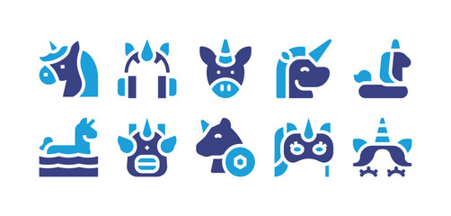 Unicorn icon set. Duotone color. Vector illustration. Containing unicorn, heaphones, float, backpack, mask.