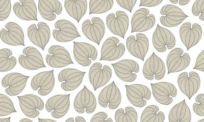Leaves Line Drawing Pattern. Tropical Leaves Black Line Sketch on White Background. Leaves Linear Style Seamless Pattern. Vector EPS 10.