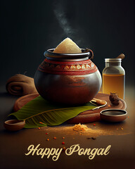 Illustration of Happy Pongal Holiday Harvest Festival of Tamil Nadu South India greeting background. Generating Ai. - obrazy, fototapety, plakaty