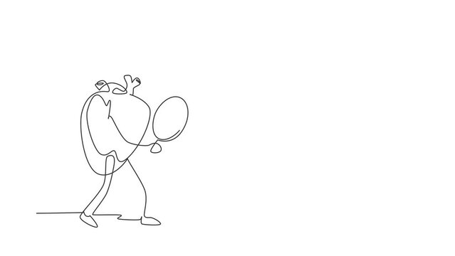 Animated self drawing of continuous line draw heart organ mascot holding magnifying glass in search. Health of cardiovascular system. Power and strength of heart organ. Full length one line animation