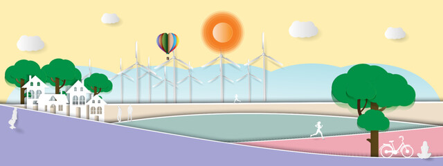 Landscape with wind power generation with a clean environment.