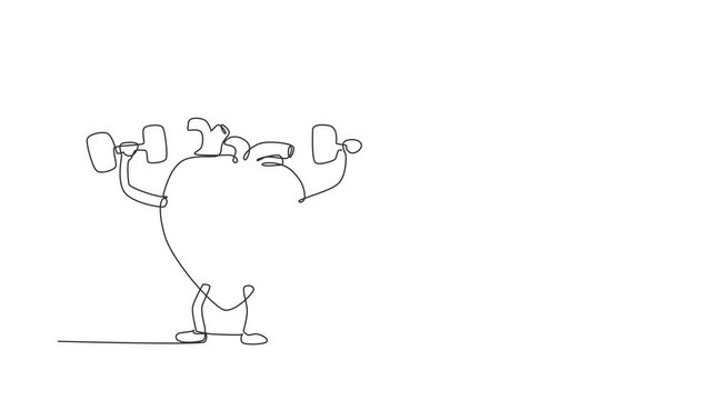Self drawing animation of single line draw healthy heart organ doing exercises with dumbbells weights. Heart face, fitness exercise, sport, lifting concept. Continuous line draw. Full length animated