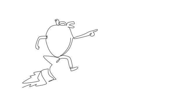 Animated self drawing of continuous line draw cartoon anatomical heart organ mascot riding rocket. Health of cardiovascular system. Power and strength of heart organ. Full length single line animation