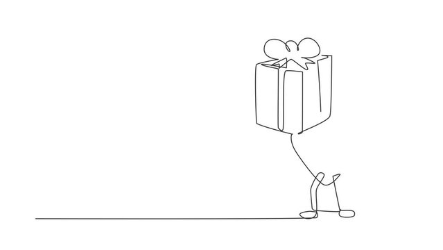 Animated self drawing of continuous line draw healthy fit heart organ holding big gift box with ribbon. Health of cardiovascular system. Power, strength of heart organ. Full length one line animation