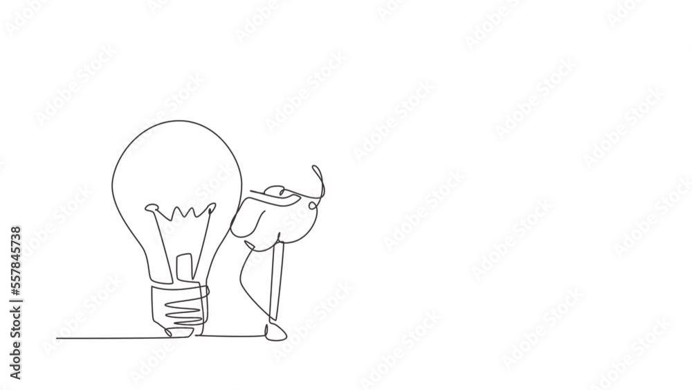 Poster self drawing animation of single line draw brain leaning on light bulb. symbol of new idea that came