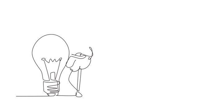 Self drawing animation of single line draw brain leaning on light bulb. Symbol of new idea that came to mind. Brain character inspired by the idea soars up. Continuous line draw. Full length animated