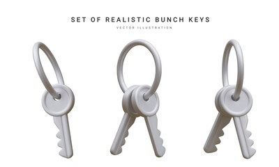 Set of 3d realistic silver  bunch of keys isolated in withe background. Vector illustration