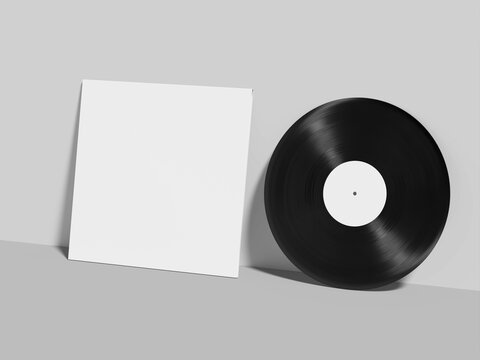 Vinyl Mockup and Cover Leaning Against a Background of Clean White Walls and Flooring High-angle view