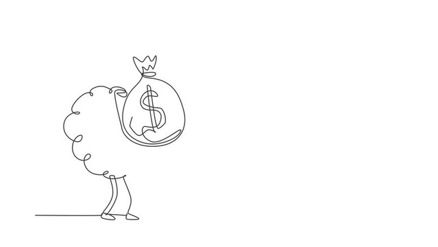 Animated self drawing of single continuous line draw rich human brain cartoon design holds money bags. Cute brain mascot illustration holding bag full of money. Full length one line animation