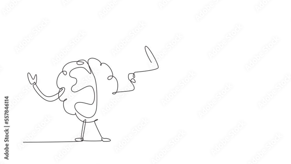 Poster self drawing animation of single one line draw brain with loudhailer or megaphone. concept clever ad