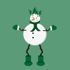 A snowman on long legs made of branches in felt boots, gloves, scarf with hair spring leaf on green background with copy space. Website banner. Christmas postcard. 