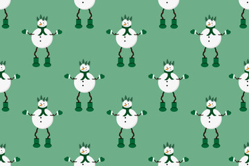 Seamless pattern with snowman on long legs made of branches in felt boots, gloves, scarf with christmas tree hair on green background. Website banner. Wallpaper and bed linen print.