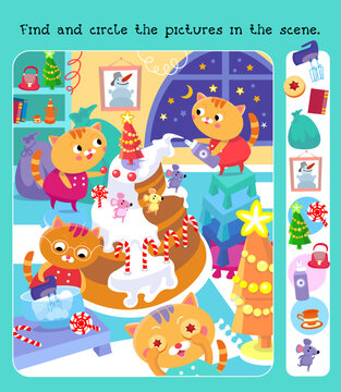 Find and circle objects. Puzzle game for children. Cute kittens making Christmas cake with mice. Cartoon characters cats in uniform. Color vector illustration. 