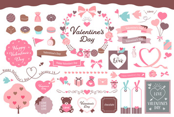 バレンタインデーのイラストとフレームセット / あしらい、ハート、リボン、飾り枠、チョコレート,ベクター - obrazy, fototapety, plakaty