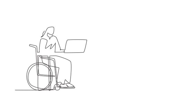 Animated self drawing of continuous one line draw young Arabian man uses wheelchair and working with computer in office. Online job and startup. Physical disability. Full length single line animation