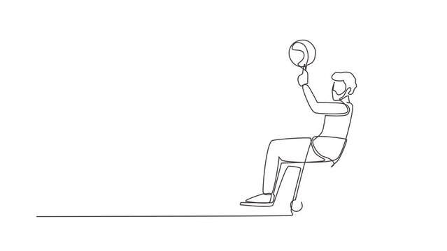 Animated self drawing of continuous line draw Arab guy in wheelchair plays basketball. Disabled person spins basketball on finger. Exercise for people with disabilities. Full length one line animation