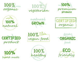 Vector illustration for organic food and natural products logo, sign, icon, labels and badges for food and drink promotion.