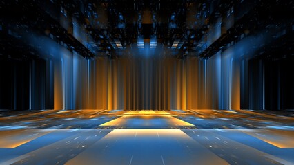 Luminous podium wall, reflection, neon glass, geometric blurred shapes, futurism, bright colors stripes. Showcase for a beauty product. 3d render