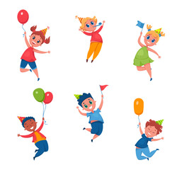 Celebrating kids jumping with air balloon collection of happy boy and girl joy, birthday holiday celebration, vector illustration