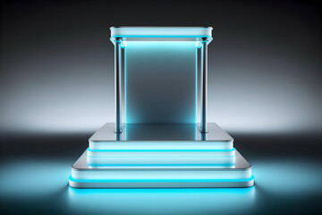 Metallic chrome blue podium, reflection, neon glass, geometric shapes, futurism, pastel colors. A showcase for a beauty product. 3d render