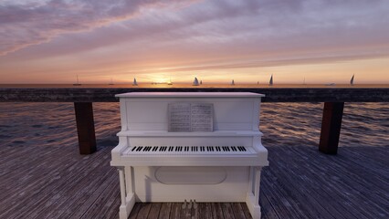 Fototapeta na wymiar white piano on the pier with beautiful sky