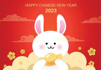 Happy chinese new year of the rabbit background with golden sycee ingot and clouds. Spring festival or Lunar New Year celebration vector greeting card. Zodiac rabbit holding sycee ingot. CNY 2023.
