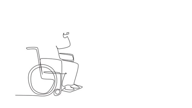 Animated self drawing of continuous line draw disabled person enjoying life. Arabian man sitting in wheelchair singing at karaoke. Spend time in recreational place. Full length one line animation