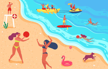 People on summer beach play with ball on sand. Vector beach summer, sea vacation with ball illustration