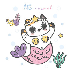 adorable mermaid cat cartoon doodle, animal hand drawing vector, little mermaid, adorable pet line drawing