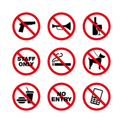 Prohibition sign vector set. Suitable for design element of work safety signs and regulations in public places.