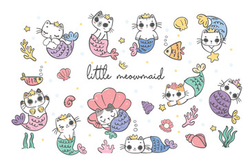 cute rainbow mermaid kitten cats cartoon doodle, animal hand drawing vector collection, little mermaid, adorable pet line drawing