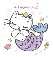 adorable purple mermaid kitten cat cartoon doodle, animal hand drawing vector, little mermaid, adorable pet line drawing