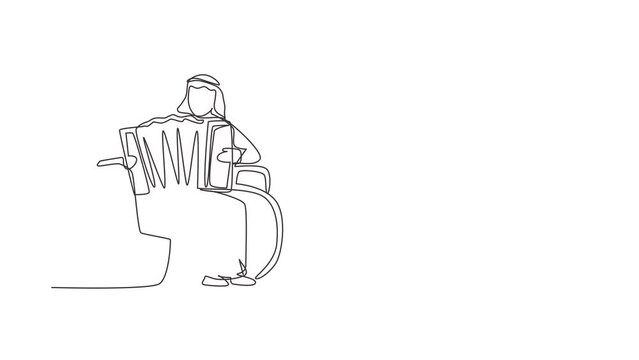 Animated self drawing of continuous line draw disabled man in wheelchair playing accordion music. Physically disabled. Person in hospital. Rehabilitation center patient. Full length one line animation
