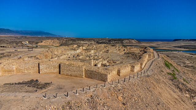 Oman, Dhofar, Taqah, Aerial panorama of ancient ruins of Sumhuram