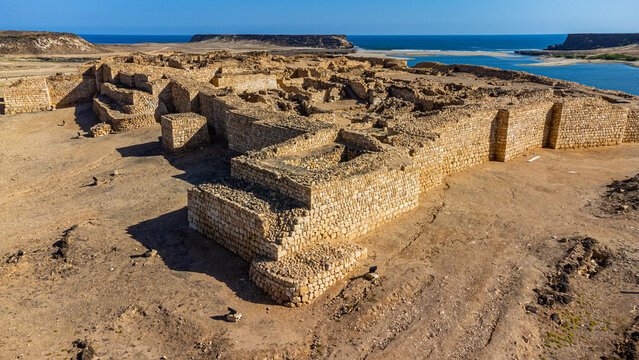 Oman, Dhofar, Taqah, Aerial panorama of ancient ruins of Sumhuram