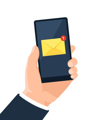 Email on smartphone, notification with envelope on screen. Vector of mail envelope, email message screen, notification of mobile illustration
