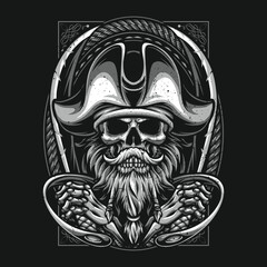 skull beard pirates tshirt illustration