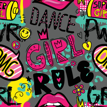 Girls seamless pattern with calligraphic slogan, hearts, words  . background for texylie, graphic tees, kids wear. Wallpaper for teenager girls. Fashion style