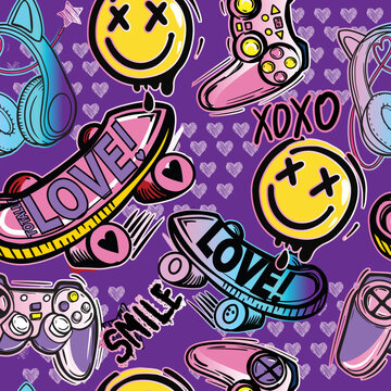 Girls seamless pattern with calligraphic slogan, hearts, words  . background for texylie, graphic tees, kids wear. Wallpaper for teenager girls. Fashion style