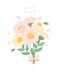 cute watercolour pink and white cream daisy flowers bouquet with green leaf  hand draw illustration vector